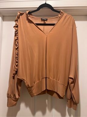 Express Women's Ruffle-Trim V-Neck Blouse in Camel Brown